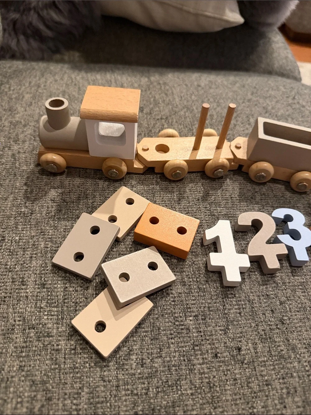 Wooden Train Toy Set - Neutral Pastel with numbers 1-5 and stacking blocks